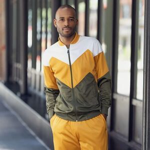 MEN'S MONTIQUE GOLD/ OLIVE 2 PIECE SPORT TRACK SUIT CHEVRON DESIGN. JS-29